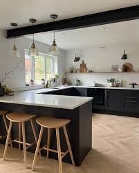 a kitchen with two stools in front of an island and some lights hanging from the ceiling