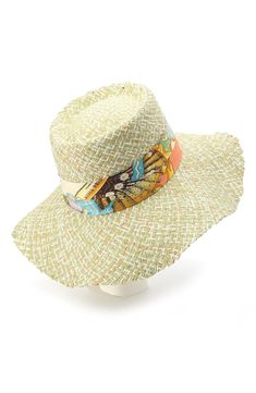 This eye-catching straw hat is charmed with a vibrant floral-printed satin band for a style that will complement both pool or beach looks. Paper straw/textile Spot clean Imported Palm Leaf Sun Hat For Travel, Spring Travel Sun Hat Made Of Palm Leaf, Multicolor Wide Brim Panama Hat In Toquilla Straw, Multicolor Brimmed Panama Hat In Toquilla Straw, Multicolor Brimmed Toquilla Straw Hat, Palm Leaf Straw Hat For Vacation, Woven Sun Hat For Spring Garden Party, Spring Multicolor Sun Hat With Flat Brim, Adjustable Bohemian Straw Hat For Garden Party