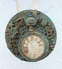 an old clock is hanging on the wall