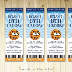 three basketball birthday party ticket cards with an image of a basketball ball on the front