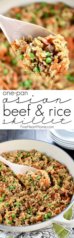 two pictures with different types of food in them and the words, green bean beef rice