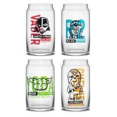 four star wars glasses with different designs on them