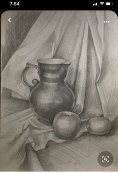 a drawing of a vase and two apples