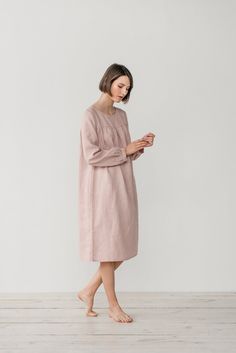 "MONA gather dress made from soft linen in dusty pink. - length is ± 107 cm (42\") (depends on size) - gathered front, back and sleeves - loose fit - without pockets DETAILS: - 100 % European, pre-washed medium weight linen (205 g/m²) - the model is 176 cm (5′9″) high, wearing size S. - model measurements: bust 83 cm (33\") / waist 61 cm (24\") / hips 90 cm (36\") - color in the picture - dusty pink (you can choose other color on the right) MADE TO ORDER: All pieces are made to order, it will ta Gather Dress, Nightgown Long, Linen Sleepwear, Gathered Dress, Dress Linen, Sleep Dress, Gathered Sleeves, Dress Measurements, Linen Dresses