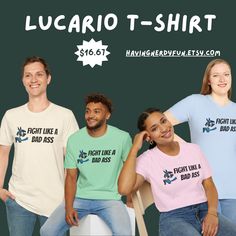 three people sitting next to each other in front of a black background with the words lucario - t - shirt on it