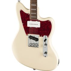 an electric guitar with a red and white body