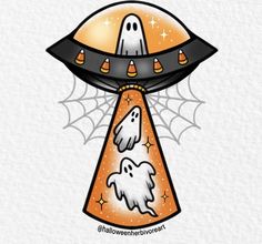 an orange and black object with two ghost heads on it's side, flying through the air