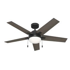 a ceiling fan that has a light on top of it and two blades in the middle