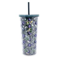 the tumbler cup is decorated with purple and silver confetti on it's side