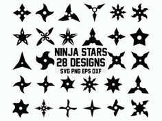 nine star designs in black and white with the text ninja stars 28 designs svg eps dxf