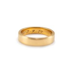 Brand: Tiffany & Co.  Gender: Ladies  Metal Type: 18K Yellow Gold  Size: 5  Width: 4.00 mm  Weight: 4.84 Grams  One ladies designer made 18K yellow gold soft-square vintage wedding band with a soft-square shank. The metal was tested and determined to be 18K yellow gold. Engraved with "3.9.74" and "750". The "Tiffany & Co." trademark (or hallmark) can also be found on the item.  Unpolished.  Vintage in excellent condition. Signs of wear are consistent with age. Classic Engraved Yellow Gold Bands, Tiffany Milgrain Wedding Band, Vintage Yellow Gold Engraved Enamel Ring, Vintage Engraved Yellow Gold Ring With Hallmarks, Tiffany And Co 1837 Ring, Van Cleef And Arpels, Gold Flats, Vintage Wedding Band, Purple Band