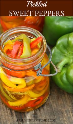 pickled sweet peppers in a mason jar with text overlay that reads pickled sweet peppers