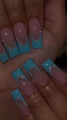 Blue sparkly French tip🦋  • Check out my page for pins🤍 Sparkly French Tip, Pink Nails With Glitter, Tiffany Blue Nails, Blue Prom Nails, Hottest Nail Trends, Blue And Silver Nails, Blue And White Nails, Blue Glitter Nails, Aqua Nails