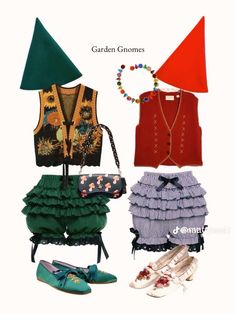 four different types of clothes and shoes with text that reads, garden gnomes on them