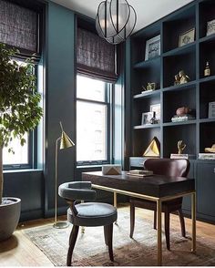 a living room filled with furniture and bookshelves next to a potted plant