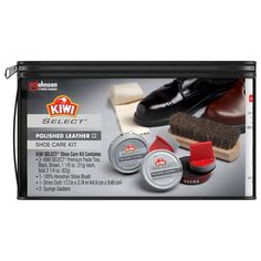 Maintain the look of your leather shoes at home and on the go with the KIWI Select Leather Care Kit. This shoe shine kit includes all the tools you need to keep your shoes looking their best? black and brown shoe polish paste, shoe polish brush, shoe polish cloth and two sponge applicators to neatly apply the paste. The items come in a convenient clear zip-top case so you can carry them with ease and see at a glance which items you have. When used together, the items in this shoe care kit give y Leather Shoe Care, Shoe Shine Kit, Shoe Care Kit, Shoe Polish, Shoe Shine, Care Kit, Travel Kit, Best Black, Travel Kits