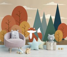 an animal themed children's room with trees and animals on the wall, including a chair