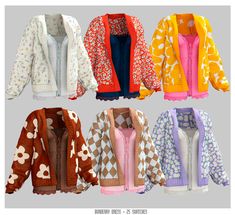 four different styles of jackets and sweaters with hearts on them, all in various colors