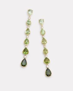 18K Yellow Gold Ombré Pear Shape Drop Earring with Green Tourmaline and Diamonds, .4 TCW2 1/2 Inches Long x 1/4 Inch Wide Style# YEOPOGTW Luxury Gold Teardrop Earrings With Gemstones, Green Tourmaline Earrings, Elegant Pear-shaped Tourmaline Jewelry, Pear Shaped Ring, Tourmaline Earrings, Floral Necklace, Green Earrings, Bracelet Collection, Drop Earring