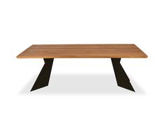 a wooden table with black metal legs and a wood top on an isolated white background