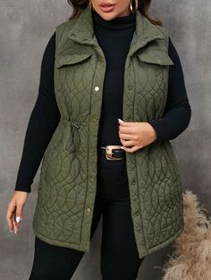 Army Green Casual Collar Sleeveless Woven Fabric Plain vest Embellished Non-Stretch Fall/Winter Women Plus Clothing Plus Size Winter Coats, Chaleco Casual, Womens Outdoor Clothing, Plus Size Fall Outfit, Plus Size Winter, Chill Outfits, Vest Coat, Plus Size Kleidung