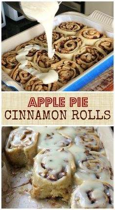 apple pie cinnamon rolls with icing being drizzled on top and in the background