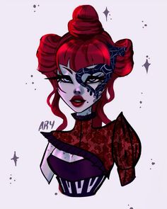 a drawing of a woman with red hair and makeup, wearing a topknot