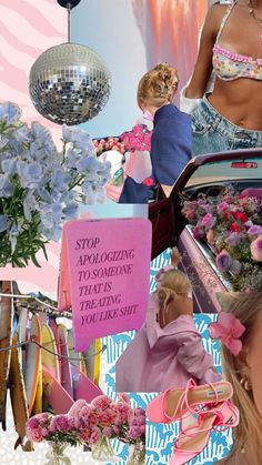 a collage of photos with pink and blue flowers in vases, an image of a woman's head