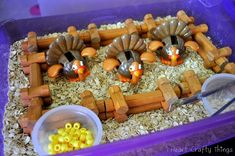 a tray filled with fake turkeys and corn