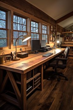 a large wooden desk sitting in the middle of a room with lots of bookshelves