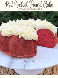 a red velvet pound cake with white frosting