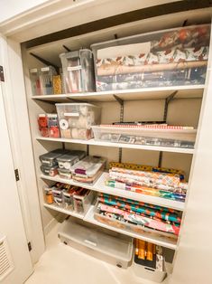 an organized pantry with lots of food and supplies on shelves, including containers for storage