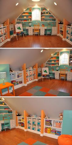 two pictures of the inside of a child's room with bookshelves and desks