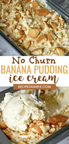 no churn banana pudding ice cream in a pan with the title text above it