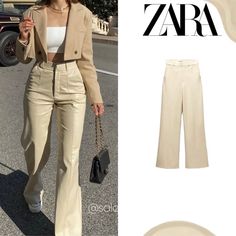 High-Waisted Pants With Side Pockets And Back False Welt Pockets. Pronounced Seam Detail. Front Zip, Metal Hooks, And Interior Button Closure. Color: Ecru Bloggers Favorite High Waisted Black Trousers, Zara Leather Pants, Navy Cargo Pants, Brown Leather Pants, Zara Trousers, High Waisted Dress Pants, Olive Green Pants, Zara Jumpsuit, Zara Leather