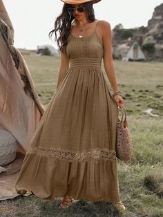 Women Contrast Lace Ruffle Hem Cami Dress For Summer, Sundress Khaki Casual,Boho  Sleeveless Fabric Plain Cami Non-Stretch  Women Clothing, size features are:Bust: ,Length: ,Sleeve Length: Lace Summer Dresses, Dress For Summer, Green Style, Lace Cami, Lace Ruffle, Women Long Dresses, Boho Casual, Style Boho, Long Dresses