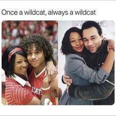 two people hugging each other with the caption'once a wildcat, always a wildcat '