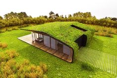 an unusual house with grass on the roof