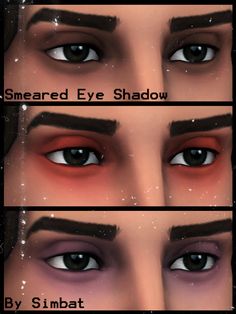 three different views of the eyes and eyebrows of an animated character, with text that reads sheared eye shadow by simbat