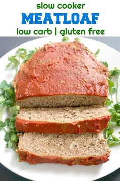 the meatloaf is cut into slices and served on a plate with parsley