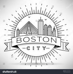 boston city skyline with sunburst and ribbon