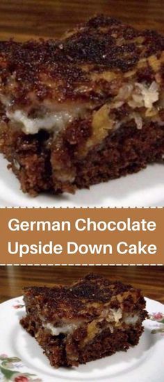 german chocolate upside down cake is cut in half and served on white plates with floral designs