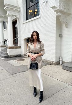 Blazer, white satin skirt, black belt, ootd, black accessories Work Outfit Satin Skirt, Satin Skirt Blazer, Satin Skirt Blazer Outfit, Blazer Satin Skirt, White Satin Skirt Outfit, Satin Skirt Black, White Satin Skirt, Satin Dress Outfit, Black Satin Skirt