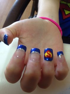 Superman nail design Hulk Nails, Superman Wedding, Batman Nails, Random Nails, Shamrock Nails, Superman Birthday Party, Interesting Hair