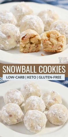 snowball cookies on a white plate with the words low carb keto gluten - free