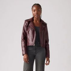 Faux Leather Moto Jacket - Red | Levi's® US Trendy Winter Outerwear With Side Zipper, Trendy Leather Jacket With Asymmetrical Zip For Fall, Chic Asymmetrical Zip Leather Jacket For Fall, Trendy Asymmetrical Leather Jacket For Fall, Fall Leather Jacket With Asymmetrical Zip, Fall Leather Jacket With Zipper For Work, Chic Leather Jacket With Metal Zipper For Fall, Chic Fall Leather Jacket With Metal Zipper, Modern Leather Jacket With Zip Fly For Fall