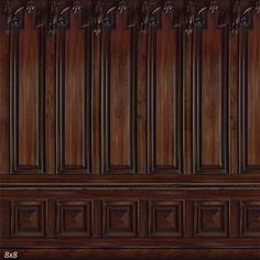 a wooden paneled wall with decorative carvings on the top and bottom, in dark wood