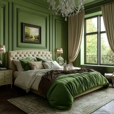 a bedroom with green walls and curtains, a chandelier hanging from the ceiling