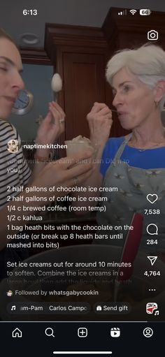 two women are eating ice cream in the kitchen