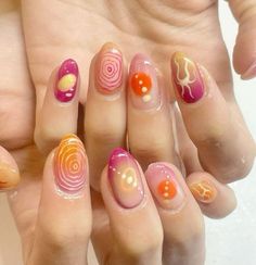 Orange Nails Spring, Nail Ideas Colorful, Maximalist Nails, Art Nail Ideas, Nails Orange, Hippie Nails, Colorful Nails, Summery Nails, Pretty Gel Nails